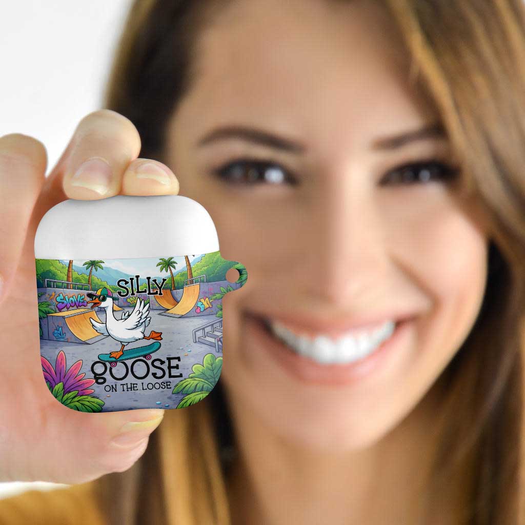 Funny Silly Goose on The Loose AirPods Case with Skateboard and Palm Trees
