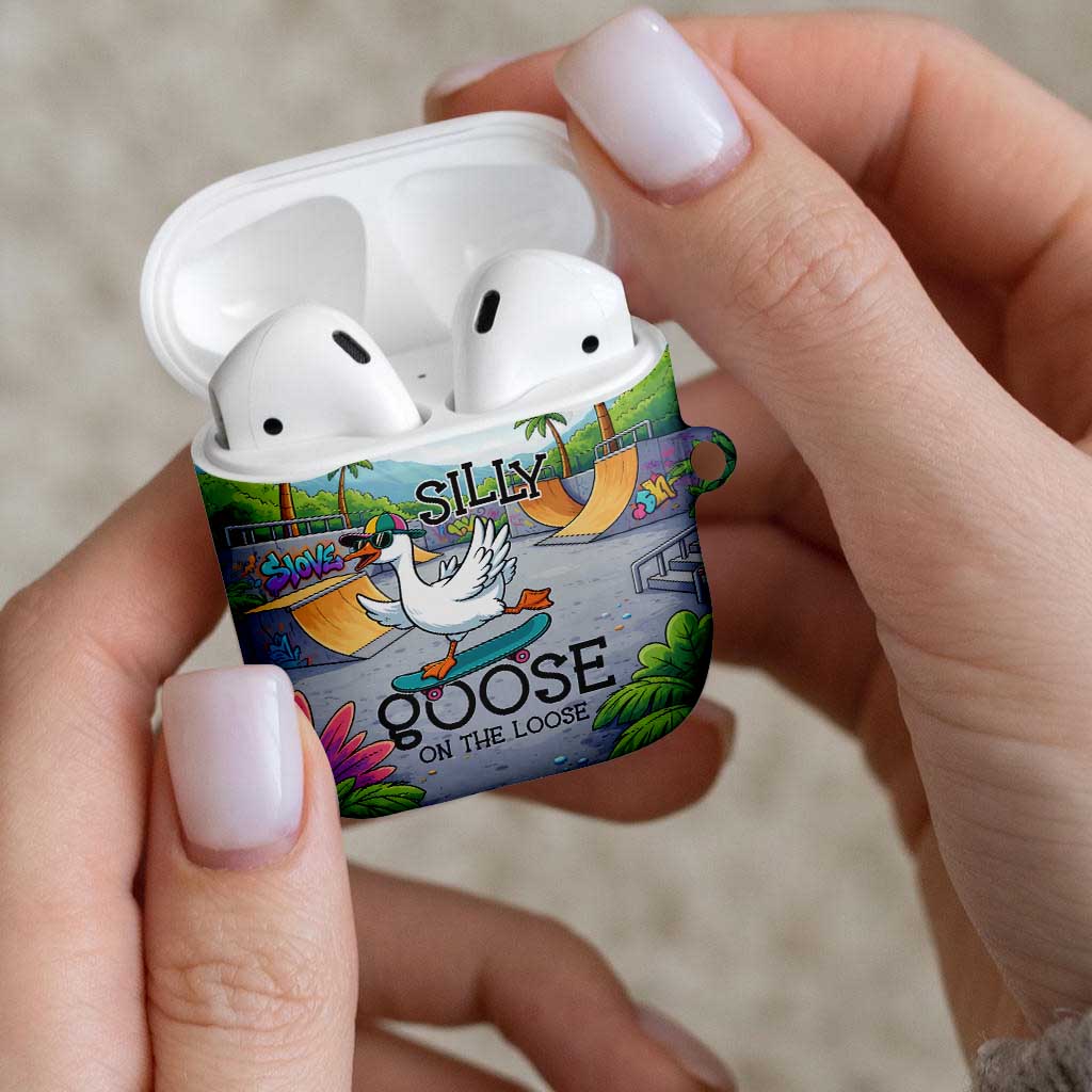 Funny Silly Goose on The Loose AirPods Case with Skateboard and Palm Trees