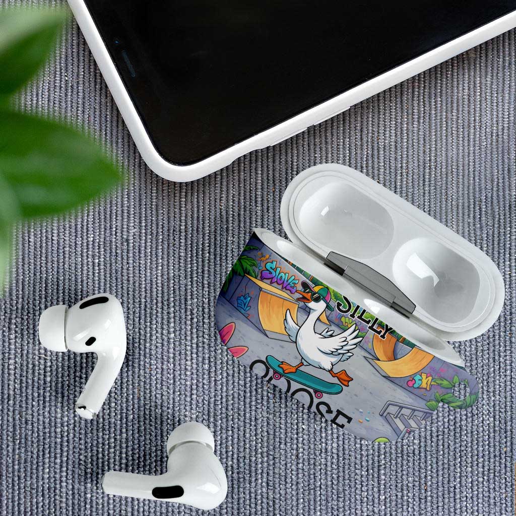 Funny Silly Goose on The Loose AirPods Case with Skateboard and Palm Trees