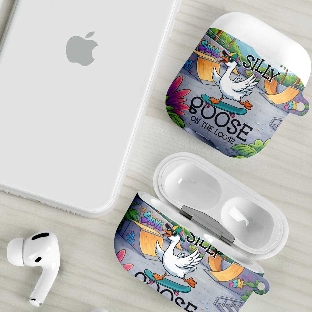 Funny Silly Goose on The Loose AirPods Case with Skateboard and Palm Trees