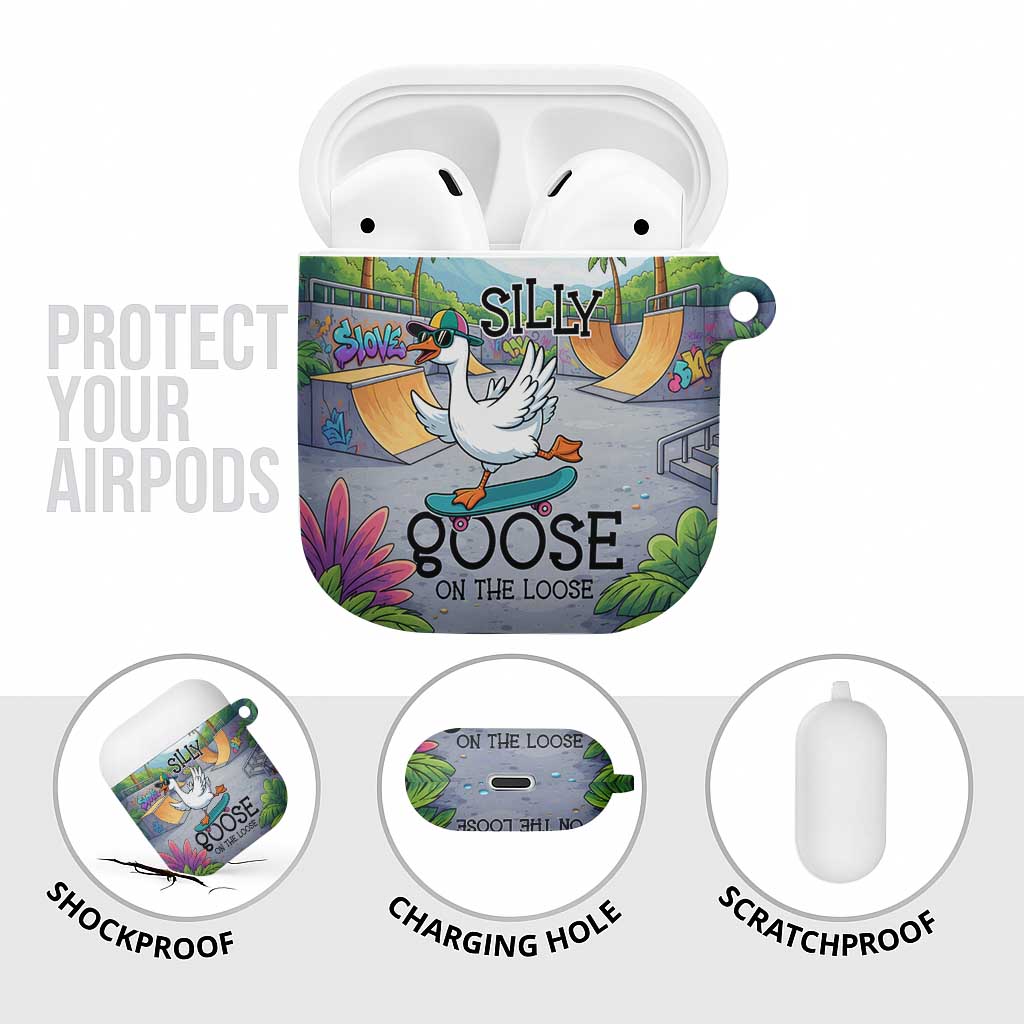 Funny Silly Goose on The Loose AirPods Case with Skateboard and Palm Trees