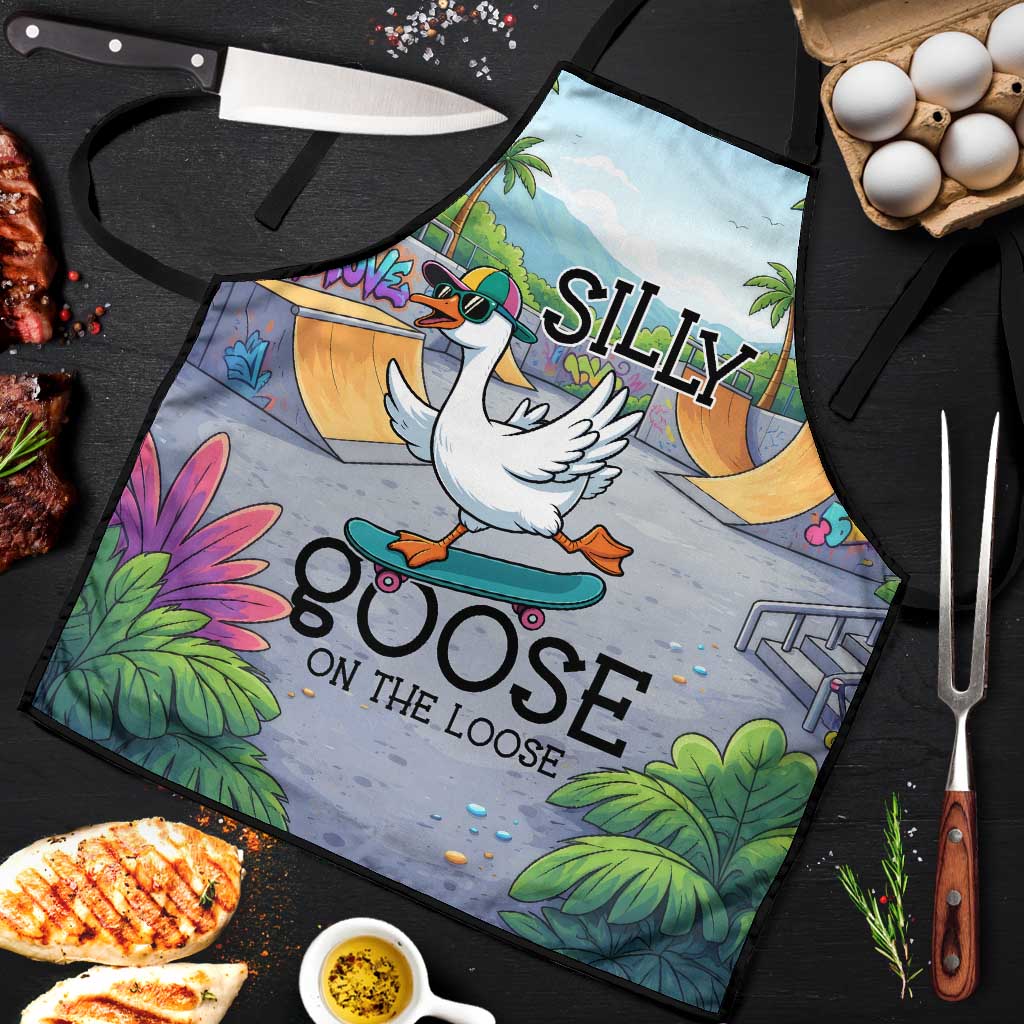 Funny Silly Goose on The Loose Apron with Skateboard and Palm Trees