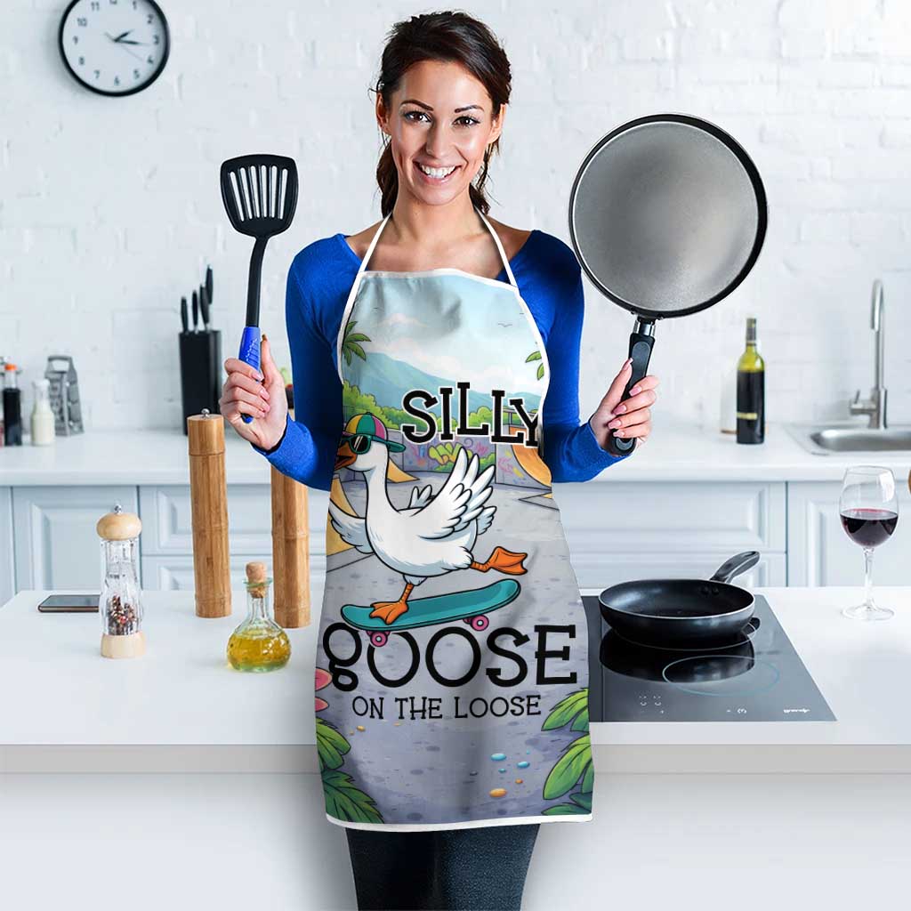 Funny Silly Goose on The Loose Apron with Skateboard and Palm Trees