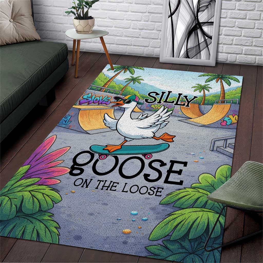 Funny Silly Goose on The Loose Area Rug with Skateboard and Palm Trees
