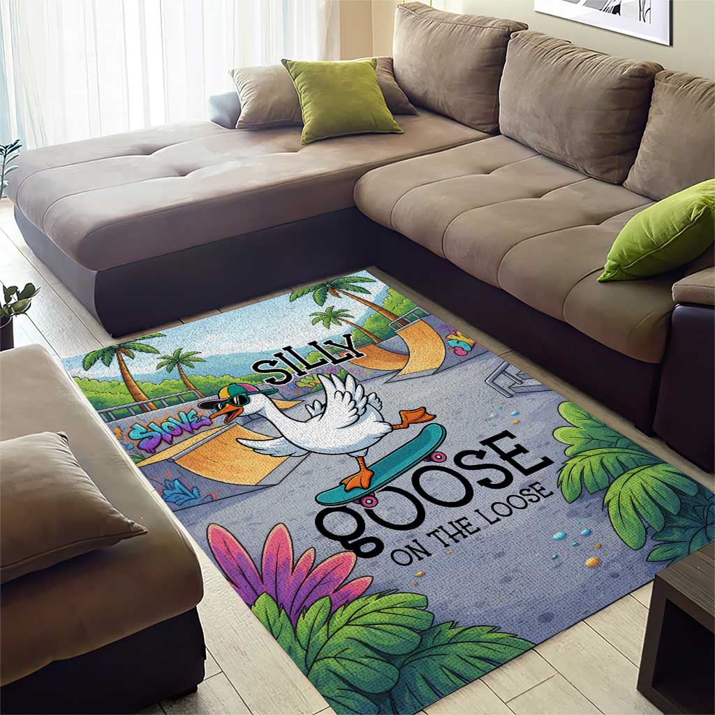 Funny Silly Goose on The Loose Area Rug with Skateboard and Palm Trees
