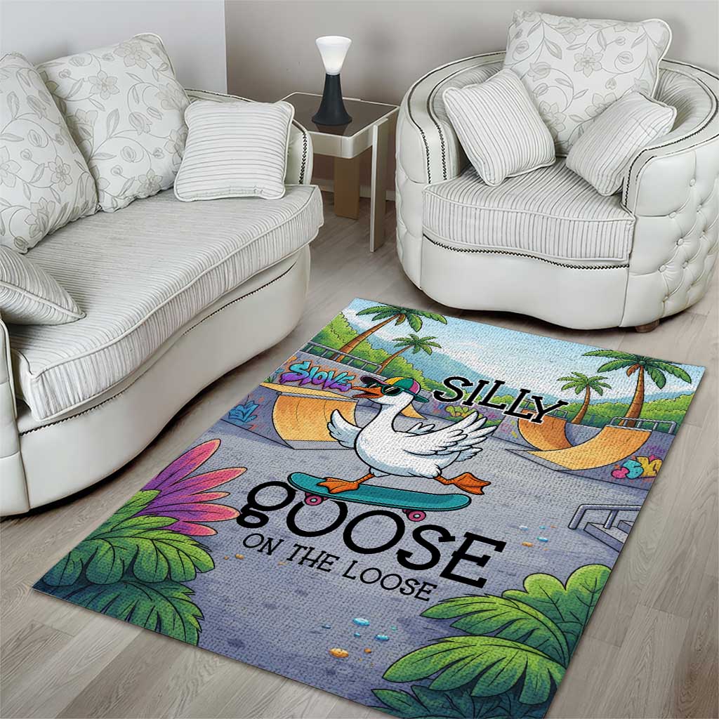 Funny Silly Goose on The Loose Area Rug with Skateboard and Palm Trees