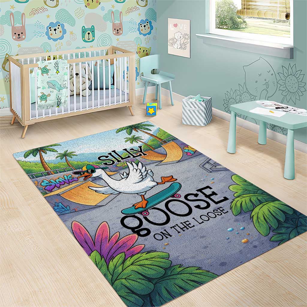 Funny Silly Goose on The Loose Area Rug with Skateboard and Palm Trees