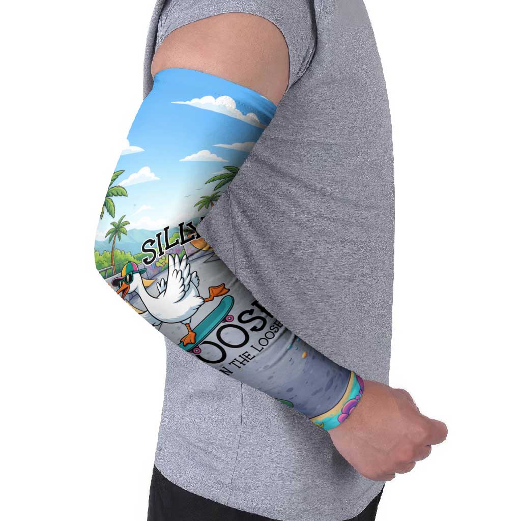 Funny Silly Goose on The Loose Arm Sleeves with Skateboard and Palm Trees