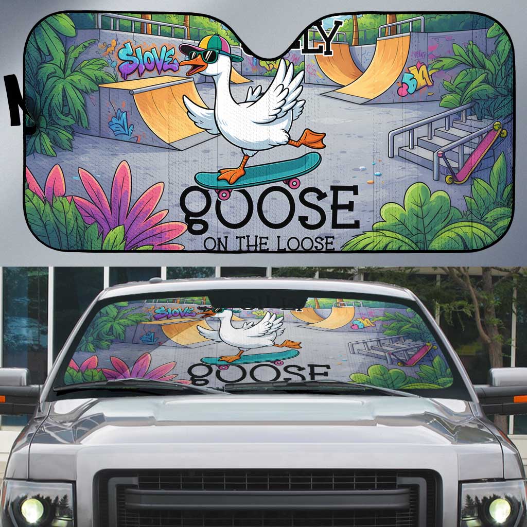Funny Silly Goose on The Loose Auto Sun Shade with Skateboard and Palm Trees