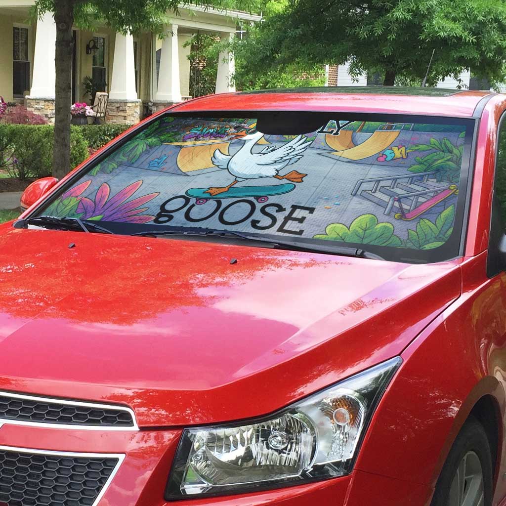 Funny Silly Goose on The Loose Auto Sun Shade with Skateboard and Palm Trees