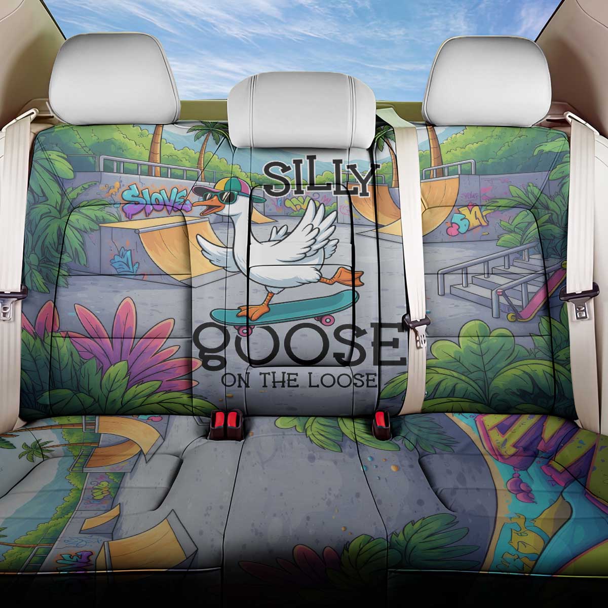 Funny Silly Goose on The Loose Back Car Seat Cover with Skateboard and Palm Trees