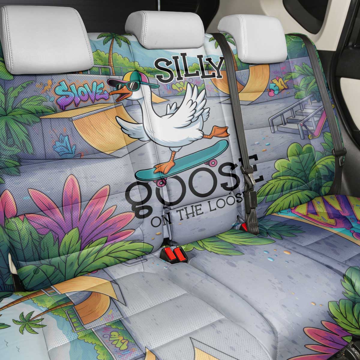 Funny Silly Goose on The Loose Back Car Seat Cover with Skateboard and Palm Trees