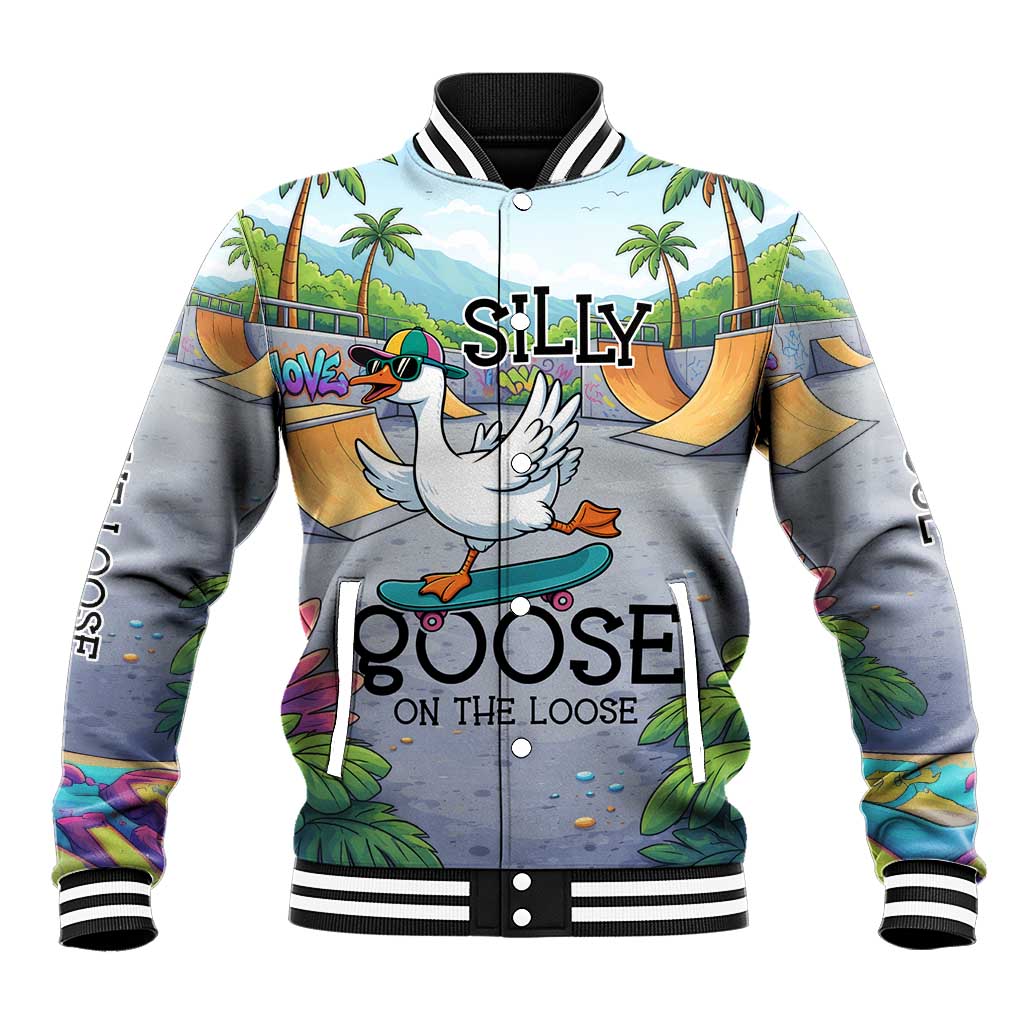 Funny Silly Goose on The Loose Baseball Jacket with Skateboard and Palm Trees