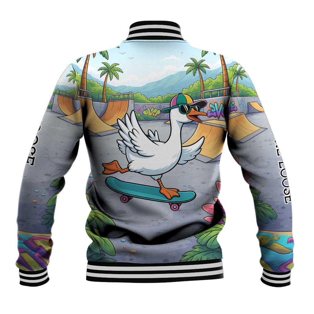 Funny Silly Goose on The Loose Baseball Jacket with Skateboard and Palm Trees