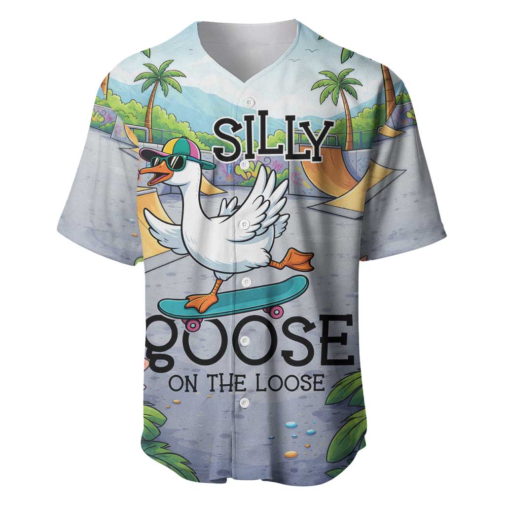 Funny Silly Goose on The Loose Baseball Jersey with Skateboard and Palm Trees