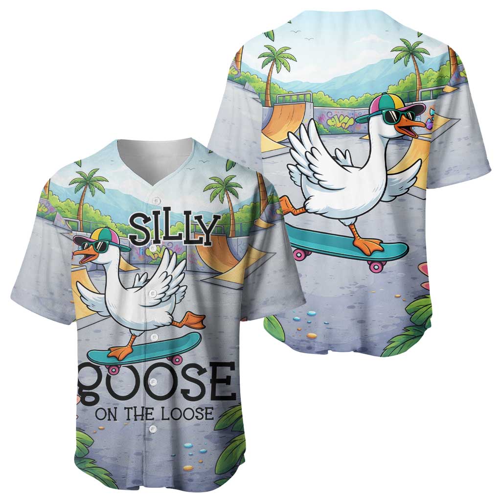 Funny Silly Goose on The Loose Baseball Jersey with Skateboard and Palm Trees
