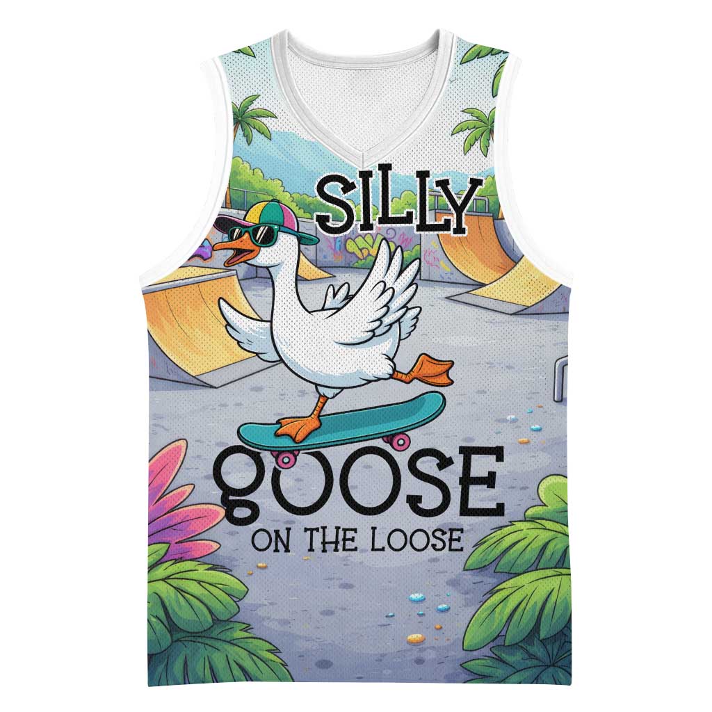Funny Silly Goose on The Loose Basketball Jersey with Skateboard and Palm Trees