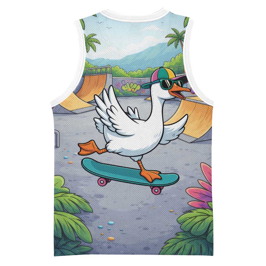 Funny Silly Goose on The Loose Basketball Jersey with Skateboard and Palm Trees