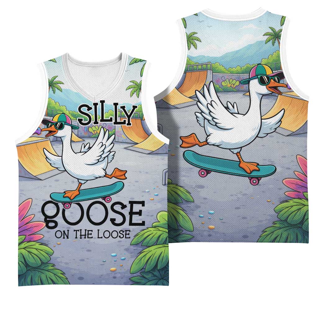 Funny Silly Goose on The Loose Basketball Jersey with Skateboard and Palm Trees
