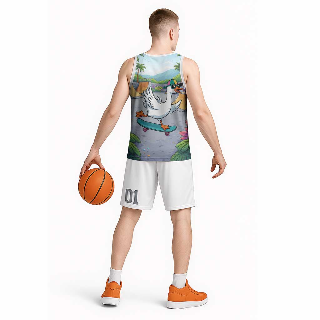 Funny Silly Goose on The Loose Basketball Jersey with Skateboard and Palm Trees