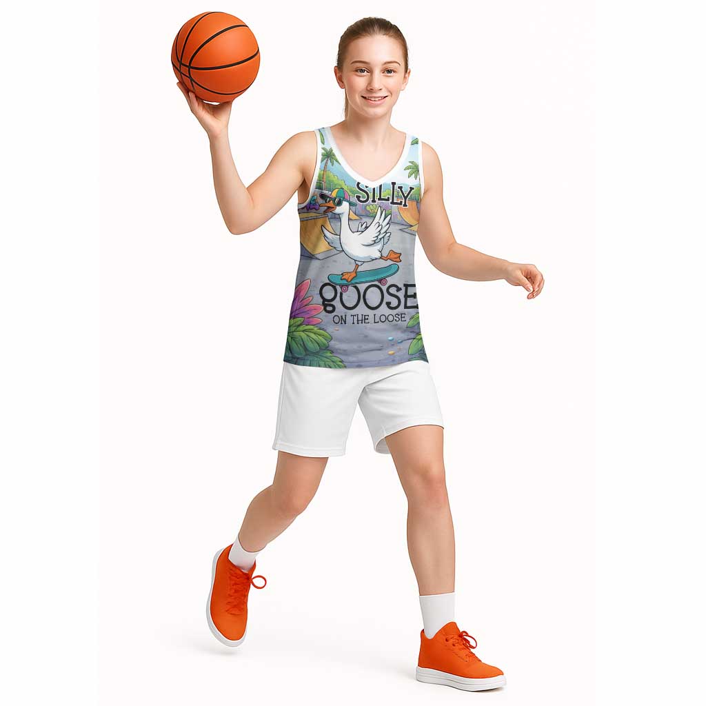 Funny Silly Goose on The Loose Basketball Jersey with Skateboard and Palm Trees