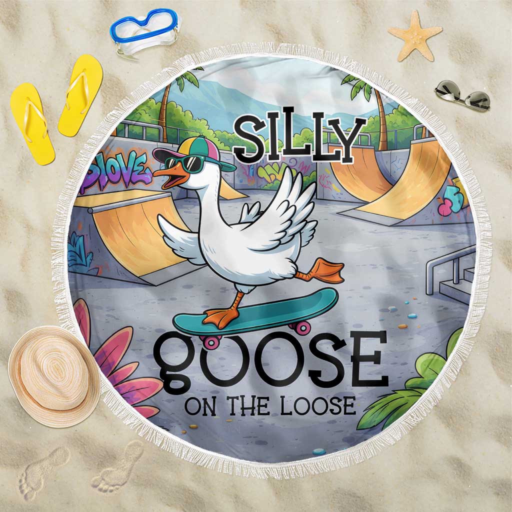 Funny Silly Goose on The Loose Beach Blanket with Skateboard and Palm Trees