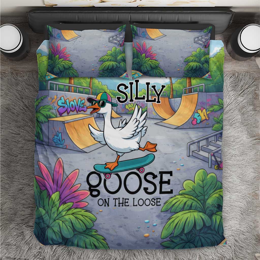 Funny Silly Goose on The Loose Bedding Set with Skateboard and Palm Trees