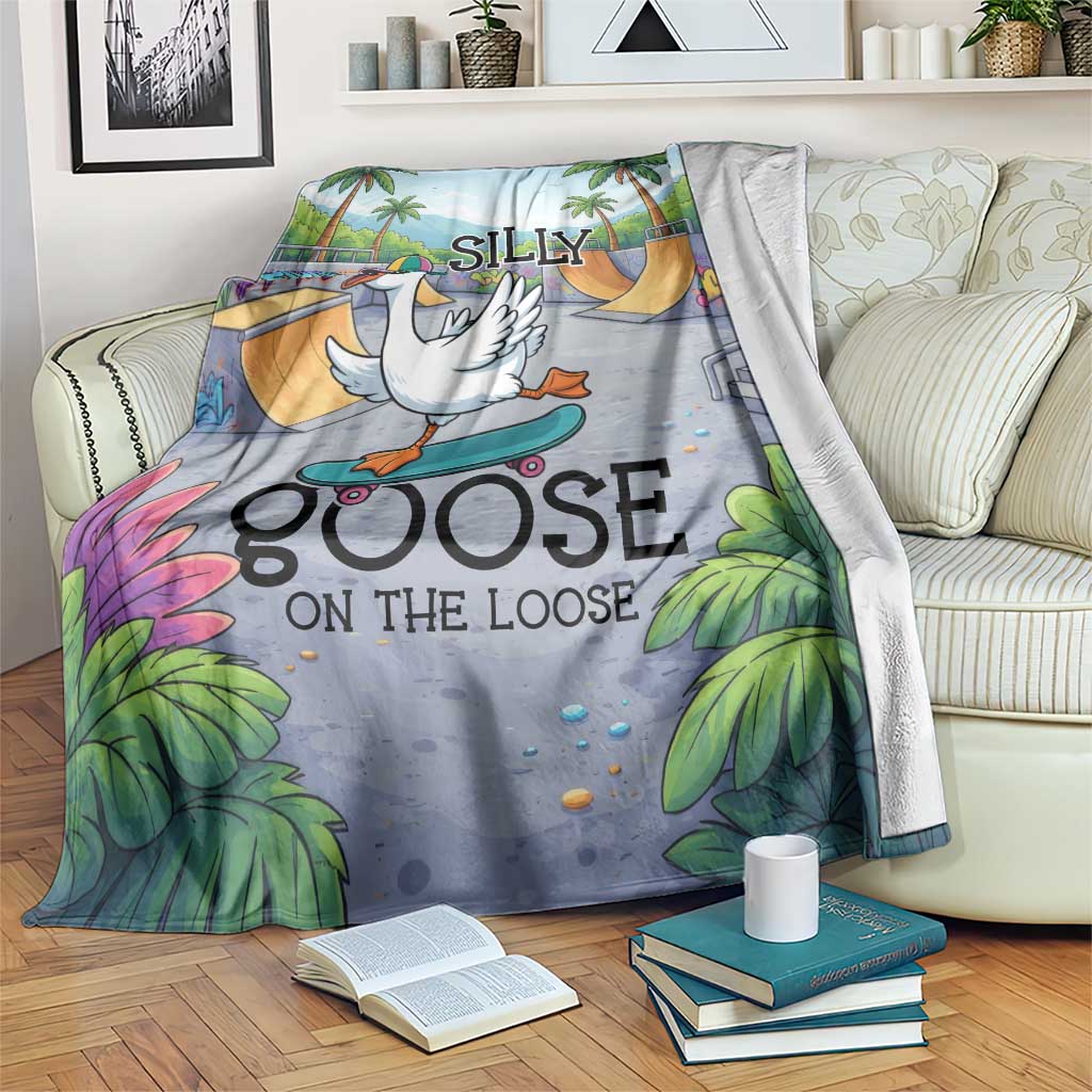 Funny Silly Goose on The Loose Blanket with Skateboard and Palm Trees