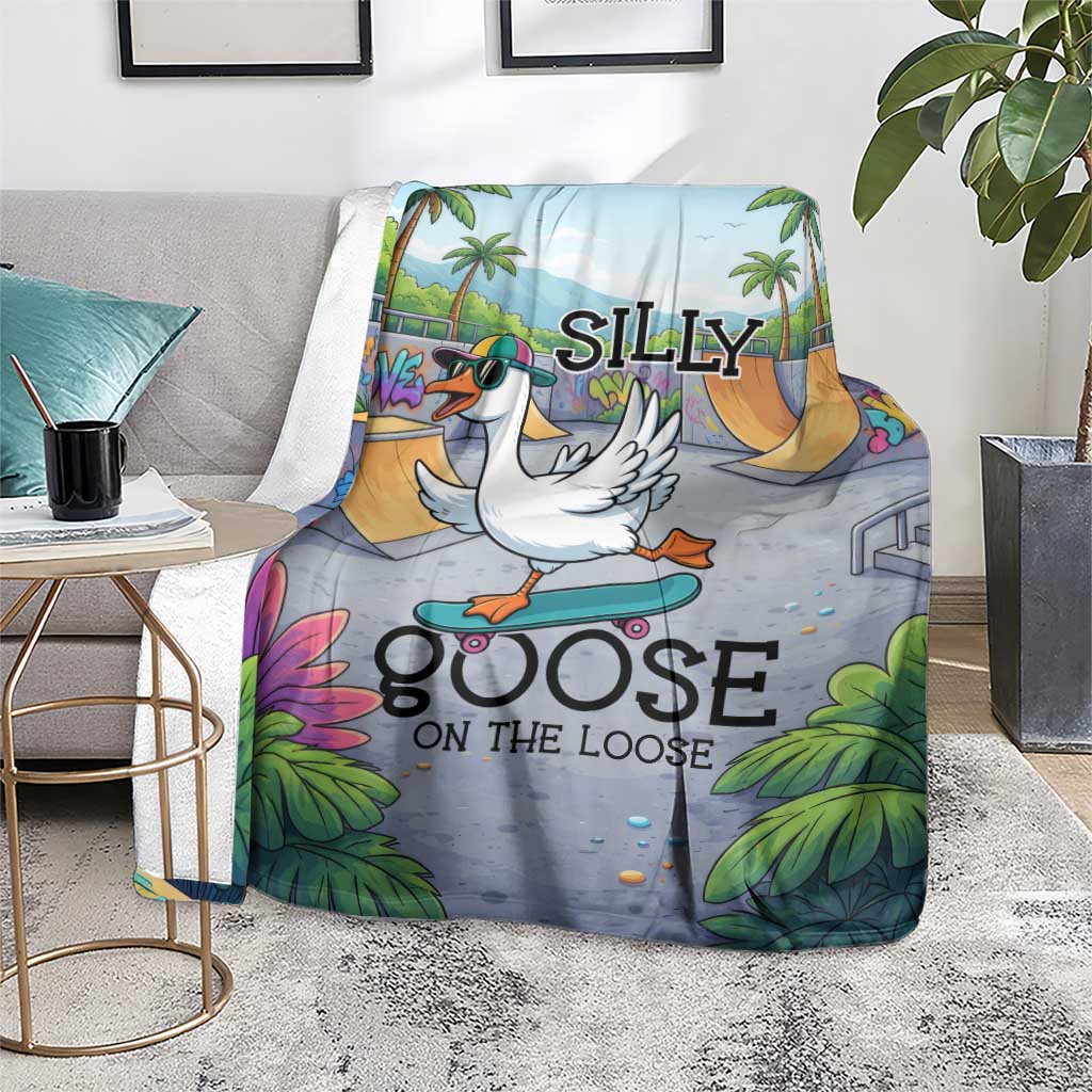Funny Silly Goose on The Loose Blanket with Skateboard and Palm Trees