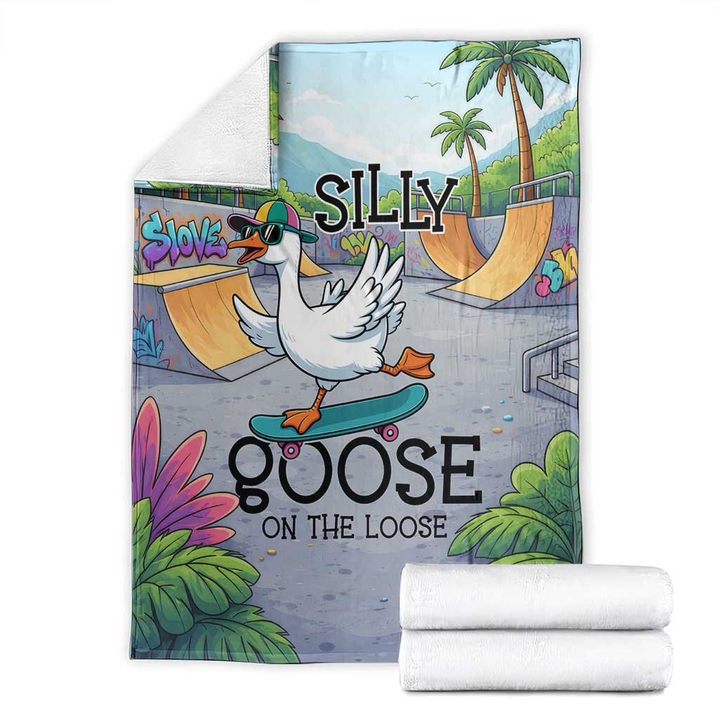 Funny Silly Goose on The Loose Blanket with Skateboard and Palm Trees