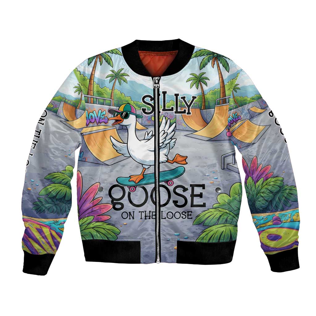 Funny Silly Goose on The Loose Bomber Jacket with Skateboard and Palm Trees