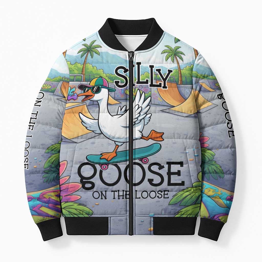 Funny Silly Goose on The Loose Bomber Puffer Jacket with Skateboard and Palm Trees