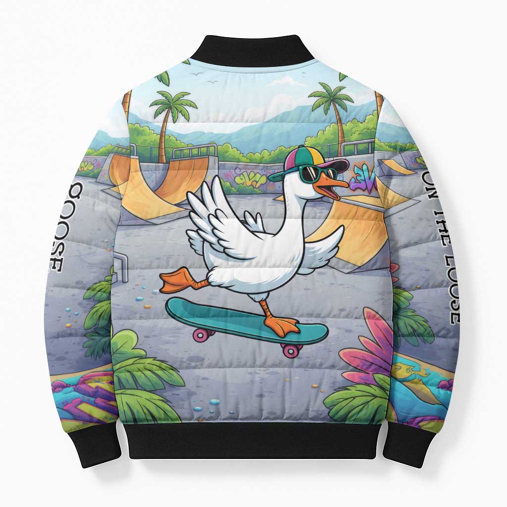 Funny Silly Goose on The Loose Bomber Puffer Jacket with Skateboard and Palm Trees
