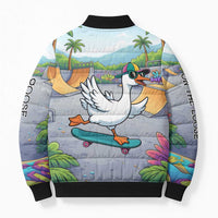 Funny Silly Goose on The Loose Bomber Puffer Jacket with Skateboard and Palm Trees