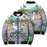 Funny Silly Goose on The Loose Bomber Puffer Jacket with Skateboard and Palm Trees