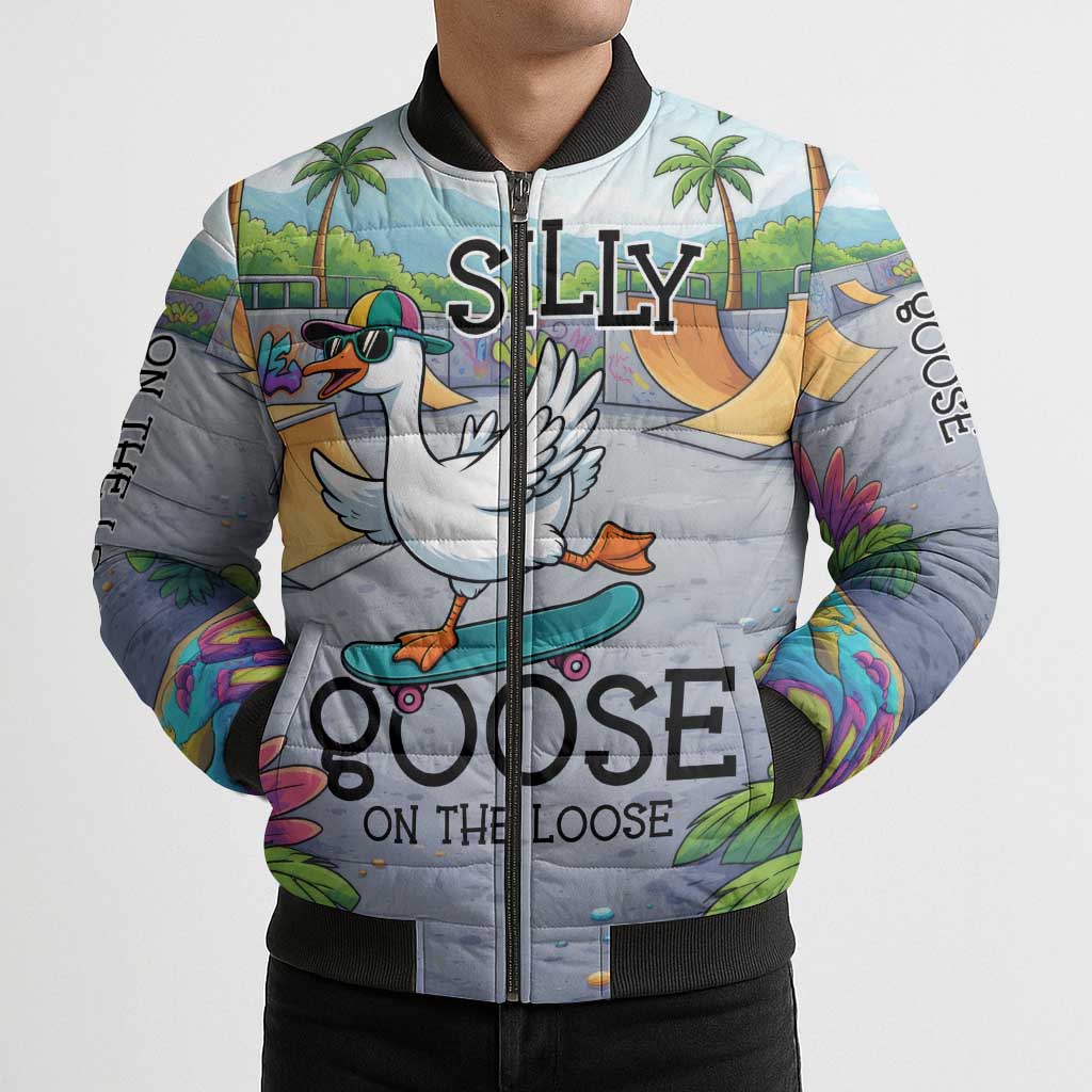 Funny Silly Goose on The Loose Bomber Puffer Jacket with Skateboard and Palm Trees