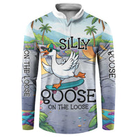 Funny Silly Goose on The Loose Button Sweatshirt with Skateboard and Palm Trees