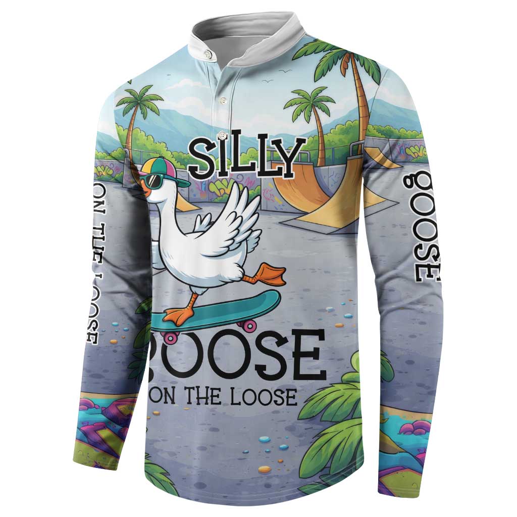 Funny Silly Goose on The Loose Button Sweatshirt with Skateboard and Palm Trees