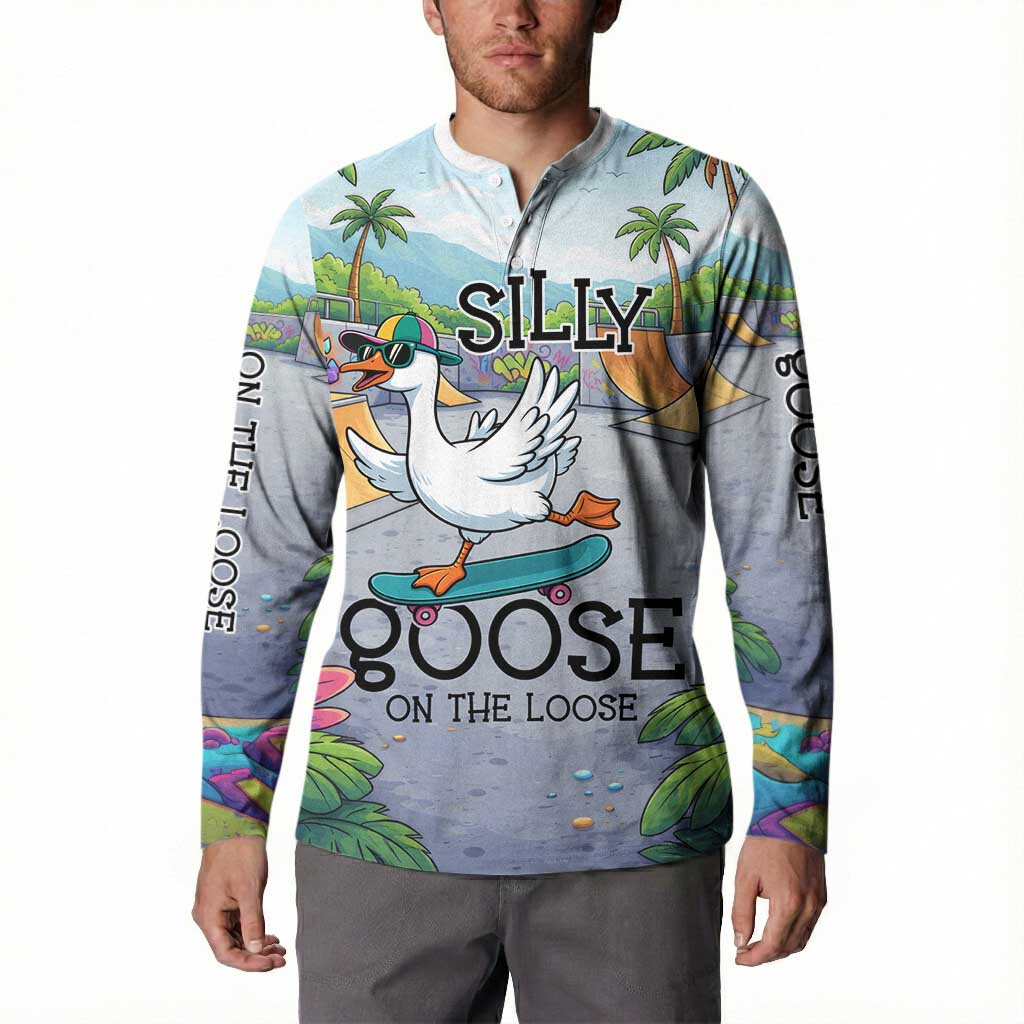 Funny Silly Goose on The Loose Button Sweatshirt with Skateboard and Palm Trees