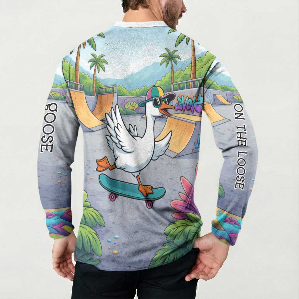 Funny Silly Goose on The Loose Button Sweatshirt with Skateboard and Palm Trees