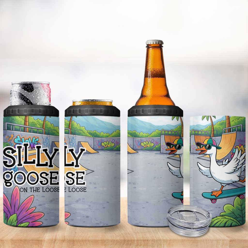Funny Silly Goose on The Loose 4 in 1 Can Cooler Tumbler with Skateboard and Palm Trees