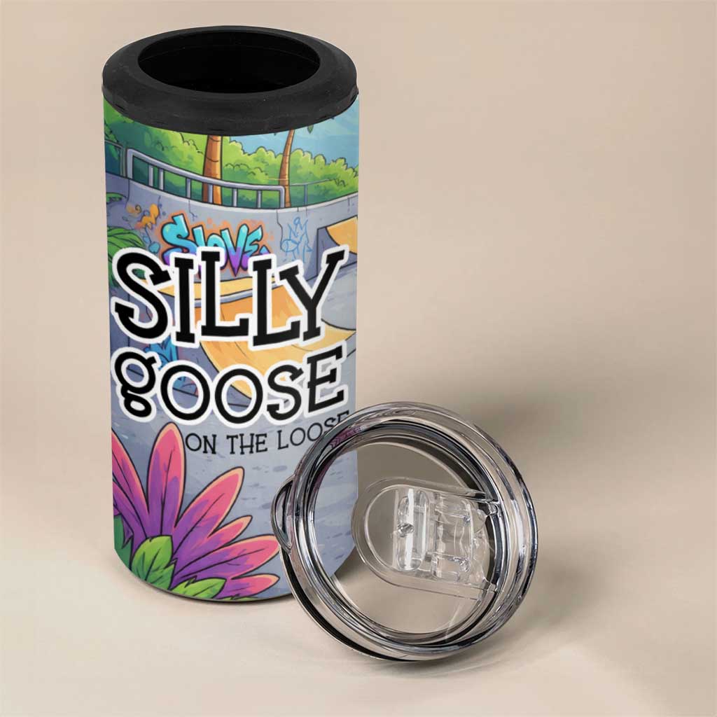 Funny Silly Goose on The Loose 4 in 1 Can Cooler Tumbler with Skateboard and Palm Trees