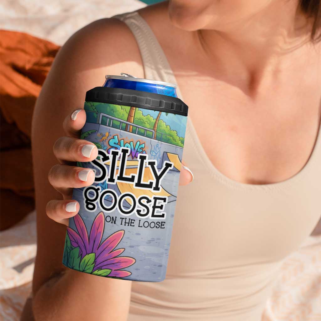 Funny Silly Goose on The Loose 4 in 1 Can Cooler Tumbler with Skateboard and Palm Trees