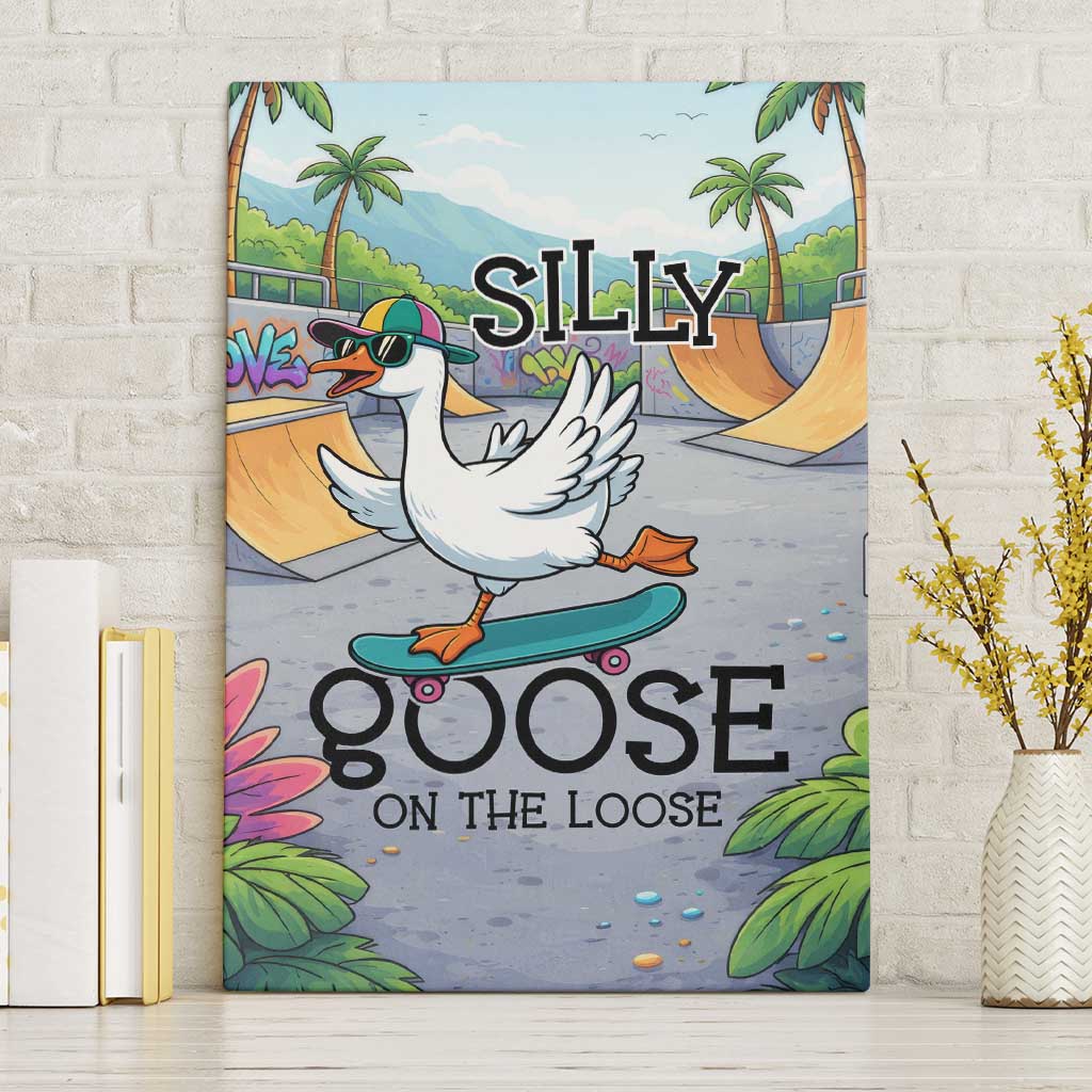 Funny Silly Goose on The Loose Canvas Wall Art with Skateboard and Palm Trees