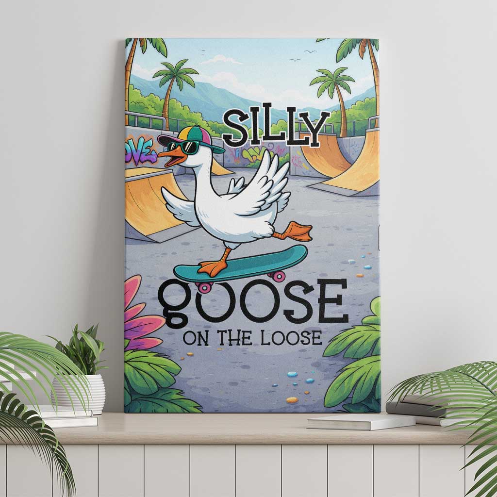 Funny Silly Goose on The Loose Canvas Wall Art with Skateboard and Palm Trees