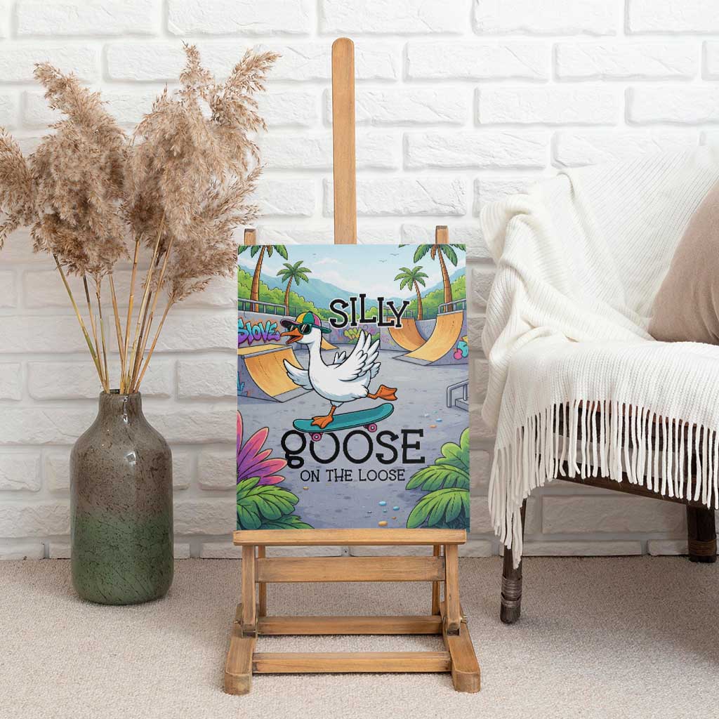 Funny Silly Goose on The Loose Canvas Wall Art with Skateboard and Palm Trees