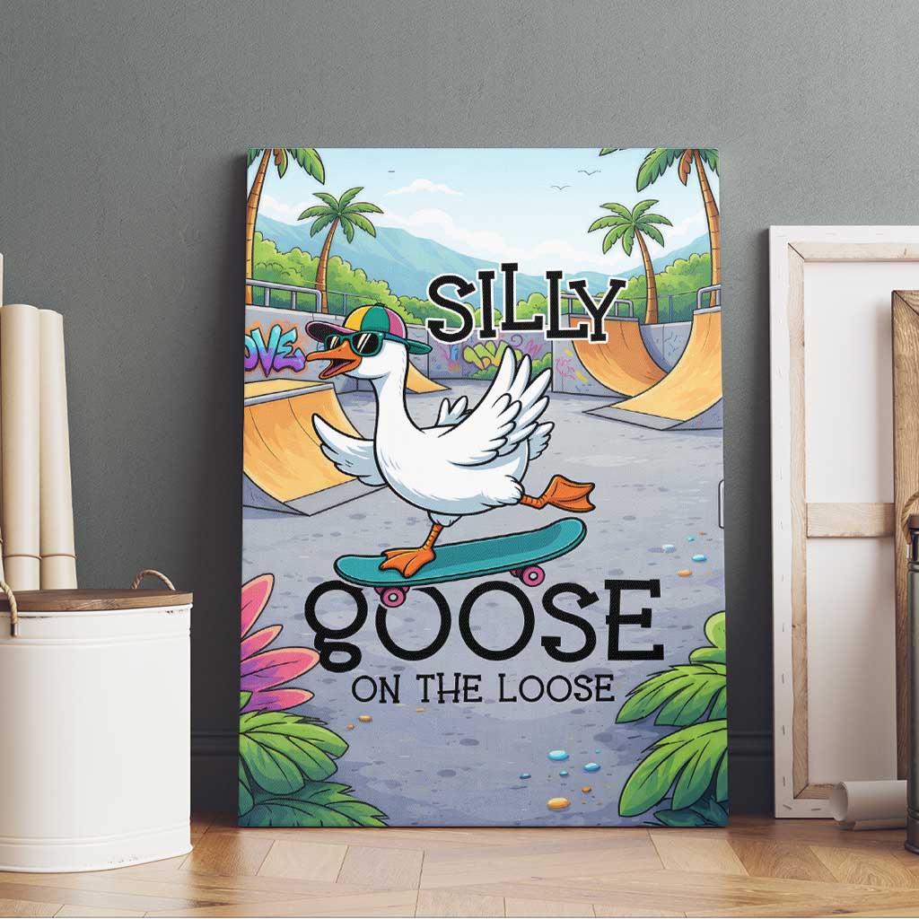 Funny Silly Goose on The Loose Canvas Wall Art with Skateboard and Palm Trees