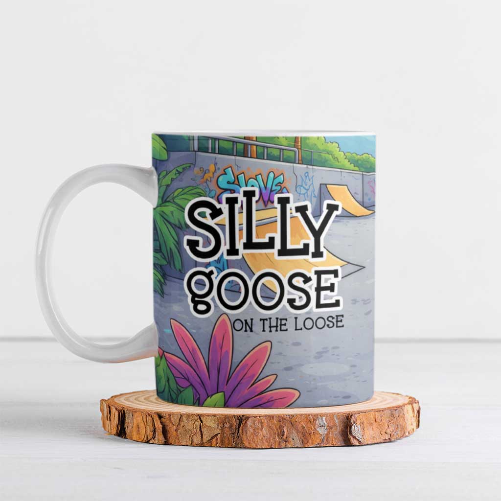 Funny Silly Goose on The Loose Ceramic Mug with Skateboard and Palm Trees