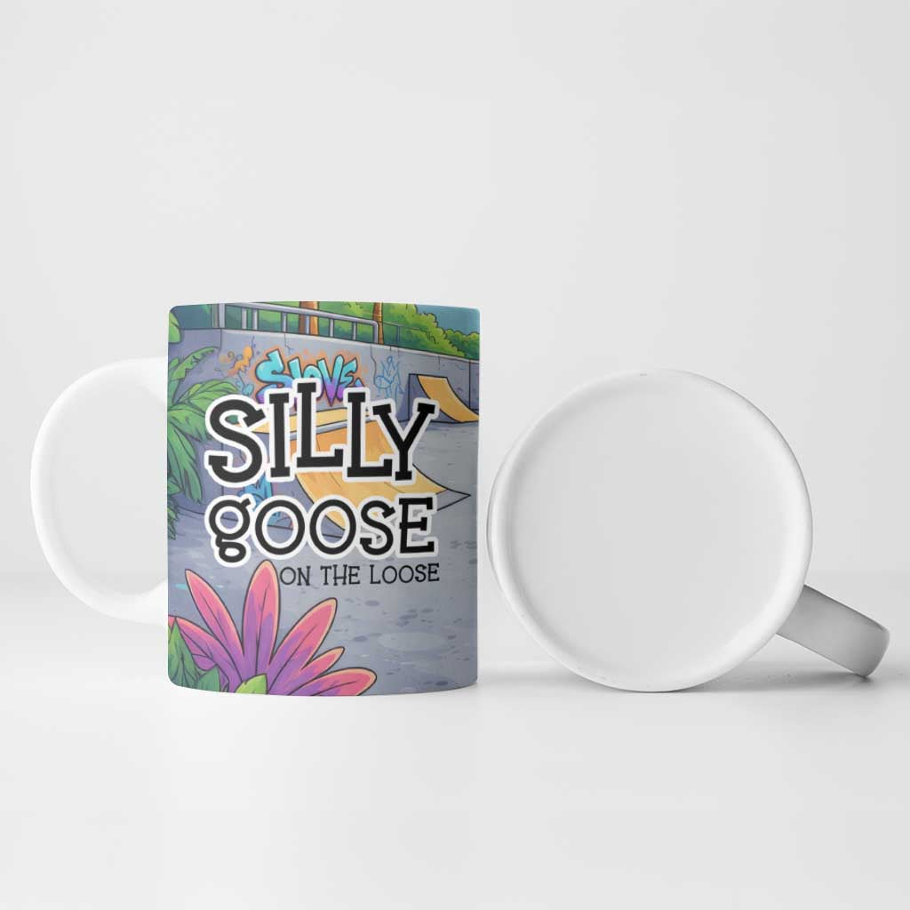 Funny Silly Goose on The Loose Ceramic Mug with Skateboard and Palm Trees