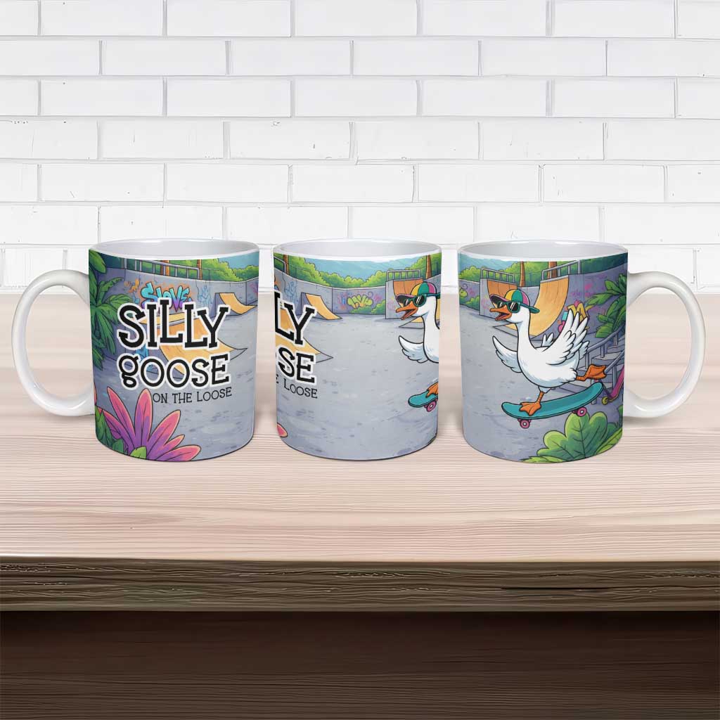 Funny Silly Goose on The Loose Ceramic Mug with Skateboard and Palm Trees